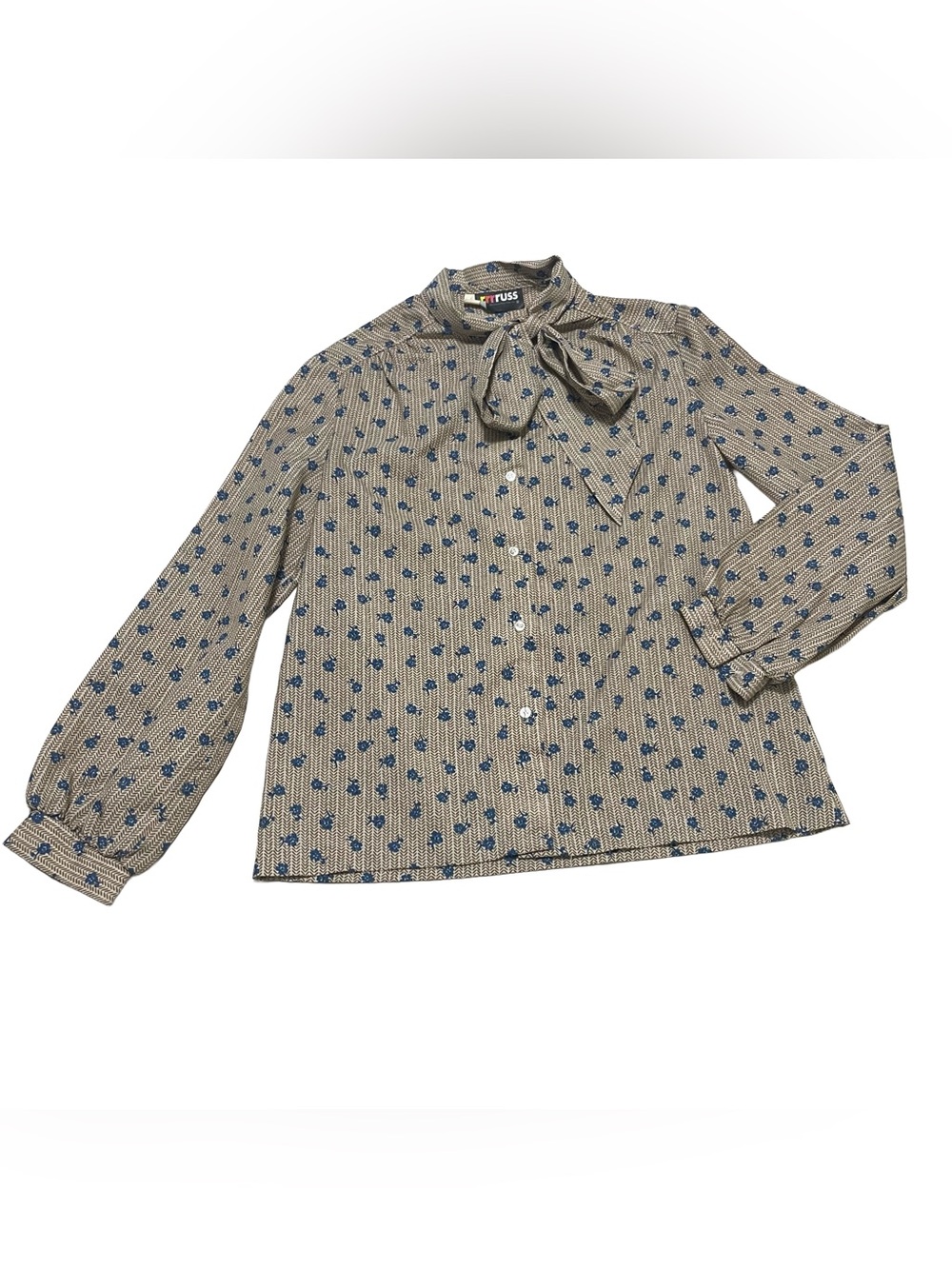 Vintage Russ Beige Blouse with Blue Flowers and Neck Tie